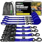 Rhino USA Ratchet Straps Heavy Duty Kit (4-Pack) - 1.6 Inch x 8 Feet (5,208lb Break Strength) - Ultimate Tie Down Straps with Safety S Hooks for Trucks, ATV, UTV, Motorcycle, Cargo & More - Blue