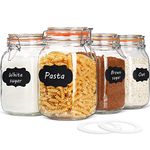 50 Oz Glass Jars with Airtight Lids, Wide Mouth Mason Jars with Clip Top Lids for Kitchen - Square Glass container food storage w Chalkboard Labels and Replacement Silicone Gaskets, Set of 4