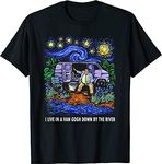 HERSIL I Live in A Van Down by The River Graphic Tee Funny Art T-Shirt (Black,L)