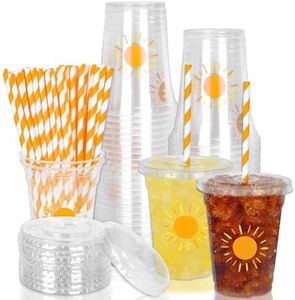 Whaline 50Pcs Boho Sun Disposable Plastic Cups with Lids and Straws 12oz Party Cups Sunshine Cold Beverage Drinking Cups for Birthday Baby Shower Party