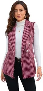 WDIRARA Women's Houndstooth Print Sleeveless Lapel Raw Trim Button Front Long Vest Jacket Hot Pink Medium