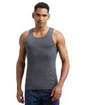 Jockey FP04 Men's Super Combed Cotton Rib Round Neck Sleeveless Vest with Extended Length for Easy Tuck_Charcoal Melange & Neon Orange_M