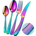 Xideman 16-Piece ​Modern Rainbow Hammered Silverware Set with Ultra Sharp 2-in-1 Serrated Knive, 18/10 Stainless Steel Flatware Set, Utensil Cutlery Set for 4 Person, Knives Forks Spoons Set