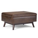 Simpli Home AXCOT267S-DBR Owen 34 inch Wide Mid Century Modern Rectangle Coffee Table Storage Ottoman in Distressed Chestnut Brown Faux Air Leather