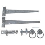 Gate Latch Kit Bundle, 2 x Tee Hinges, Brenton Padlock, Plain Ring Handle Gate Latch with Fixings (Galvanised)