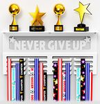 AGATHOS HOME White Medal Hanger Display with Shelf - Award Rack Trophy Shelf for Walls Holds 64+ Sports Medals - Never Give Up Wall Medal Holder for Gymnastics, Soccer, Marathon, Swimming, Soccer