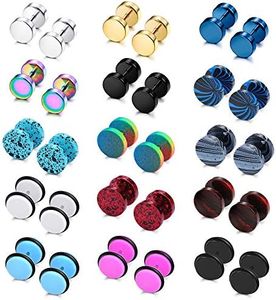 sailimue 15 Pairs Mens Stud Earrings Set Stainless Steel Ear Piercing Faux Cheater Illusion Plugs Tunnel Flat Back Stud Earrings Fake Gauges Earrings for Men Women