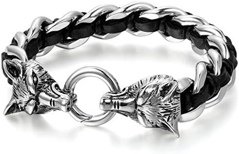 JewelryWe Men's Bracelet Retro Punk Rock Wolf Head Leather Stainless Steel Braided Chain Bangle Black Silver, One size, Leather, without stone