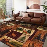 ASPMIZ 3x5 Area Rug Farmhouse Style, Lodge Bear Moose Deer Throw Rugs for Living Room, Bedroom, Soft Faux Wool Brown Floor Carpet Rugs Non Slip Washable, Vintage Country Wildlife Home Decor Area Rugs