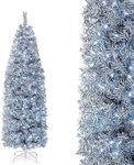 Goplus 6ft Pre-Lit Artificial Pencil Christmas Tree, Hinged Slim Xmas Tree with 250 Cool-White LED Lights, 475 Branch Tips, Foldable Metal Base, for Indoor Home Office Holiday Decor