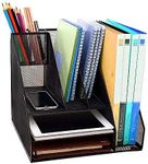 Halter Mesh Desk Organizer for Office Supplies Organization - 8 Compartments - 2 Letter Tray, 4 Vertical Upright Folder Holder and 2 Pen Holder - Paper and File Organizer for Home or Office - Black