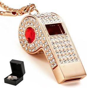 Little Syohe Gold Bling Rhinestone Whistle Necklace, Metal Loud Whistle with Chain, Decorative& Practical Accesory for Referees, Coaches, Teachers - Gift Box Included (Red Crystal)