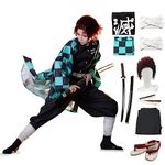 Nhorrobat Full Set Halloween Costume For Men Kamado Tanjiro Tanchirou Party Role Cosplay Costume Kimono Outfit W/Sword Shoes Wig