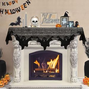 AerWo Halloween Decorations Indoor Fireplace Mantel Scarf, Black Lace Ghost Spiderweb Fireplace Cover for Halloween Mantle Decor Festive Party Supplies, 21x79 inches