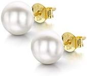 Amberta Women's 925 Sterling Silver Freshwater Pearl Stud Earrings: 7 to 8 mm White Pearl with Gold Plating