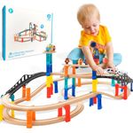 UDEAS Wooden Train Track Set, 60PCS Magnetic Train Bridge Toys Set for Toddlers, Scenario Building Blocks Toddler Toys with Crane and Airplane, Ideas for Kids Boys and Girls, 823008A