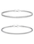 CASSIECA 2Pcs Mens Silver Bracelet Stackable Chain Bracelet for Men Boys Mens Bracelets Stainless Steel Cuban Snake Link Chain Bracelets Set 21CM Gifts for Men Dad Husband Son