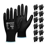 Safety Work Gloves PU Coated-12 Pairs,KAYGO KG11PB, Seamless Knit Glove with Polyurethane Coated Smooth Grip on Palm & Fingers, for Men and Women, Ideal for General Duty Work (M, Black)