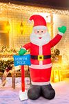 8ft Inflatable Hand Waving Santa Clause with North Pole Sign Board Pre Lit Mains Powered White LED Lights Christmas Props Outdoor Garden Decoration