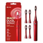 Reach Dual Sonic Electric Toothbrush, 1 Handle 4 Toothbrush Heads, 2 Brushing Modes Strong & Gentle, Portable Travel Toothbrushes Adults, 27000 VPM with AAA, up to 150 Hours Last, Red