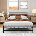 Crocofair Queen Bed Frame with Wooden Headboard and Storage Heavy Duty Metal Platform Easy Assembly No Box Spring Needed(Rustic Brown)