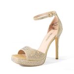 DREAM PAIRS Women's Stiletto High Heels Platform Ankle Strap Square Open Toe Dress Sexy Sandals, Gold-rhinestone, 9.5