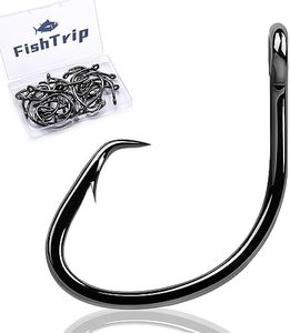 FishTrip Circle Hooks Saltwater for Catfish - 25pcs Offset 3X Strong Fishing Hook Wide Gap for Live Bait,Size 2