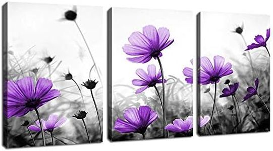 Flowers Wall Art Canvas Pictures Purple Wildflowers Black and White Background 3 Piece Canvas Art Blossom Contemporary Artwork for Home Decoration Office Kitchen Wall Decor 12"x 16" x 3 Panels