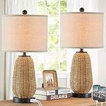 CINSARY Touch Control Rattan Table Lamps, 3 Way Dimmable Bedside Lamps for Bedroom Set of 2 with 2 USB Ports and AC Outlet, Grass Rope Nightstand Lamps for Living Room Office (2 LED Bulbs Included)