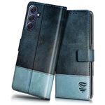 FLIPPED Vegan Leather Flip Case Back Cover for Samsung Galaxy M34 5G | F34 5G(Flexible, Shock Proof | Hand Stitched Leather Finish | Card Pockets Wallet & Stand | Blue with Aquamarine)