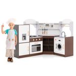 INFANS Kids Corner Kitchen Playset, Wooden Play Kitchen with Washing Machine, Range Hood, Ice Maker, Microwave, Oven, Sink, Little Chef Pretend Cooking Toy Set for Toddler (Brown)