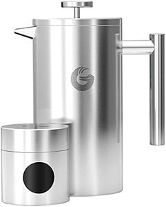 Coffee Gator French Press Coffee Maker- Insulated, Stainless Steel Manual Coffee Tea Makers For Home, Camping w/Travel Canister- Presses 4 Cup Serving- Large, Silver