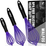 Walfos Silicone Whisk, Heat Resistant Kitchen Whisks for Cooking& Baking- Set of 3-Non Scatch Blue Rubber Coated Whisk for Non-stick Cookware, Balloon Wisk Perfect for Frothing, Blending, Beating