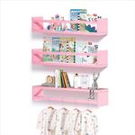 WooDinzo Engineered Wood Floating Bookshelf 24 Inches Set of 3, Wall Mounted Nursery Book Shelves, Kids Room, Kitchen Spice Rack, Book Shelf, Pink