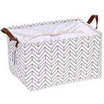 Sea Team Modern Arrowhead Pattern Canvas Fabric Storage Basket Collapsible Geometric Design Storage Bin with Drawstring Cover and PU Leather Handles, 16.5 by 11.8 inches, Waterproof Inner, Grey