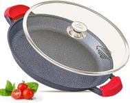 Paella Pan | Glass Lid |Non-Stick | Anti Scratch | Removable Silicone Handles | Ceramic Coating Chemical Free | Induction & Oven Safe | Heavy-Duty | Stainless-Steel Base (Black, 36 CM)