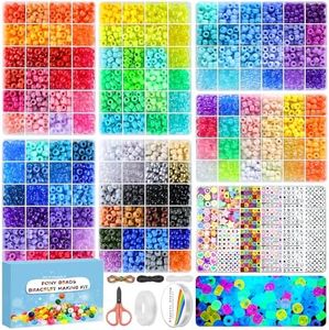 Redtwo 7 Boxes 5000 Pcs Pony Beads Kit, 144 Colors 6x9mm Kandi Beads for Friendship Jewelry Bracelet Making Kit, with 600+Pcs Letter Bead, DIY Crafts Gifts for Tween Girls Kids