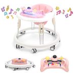 Baby Walker, Foldable Multi-Function Anti-Rollover Walker with Music Tray & Light, 7 Level Height Adjustable, Baby Walkers for 1 Year Olds Suitable for All Terrains (Pink)
