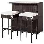 COSTWAY 3-Piece Garden Bar Set, Patio Rattan Bistro Set with Glass Top Bar Table and 2 Cushioned Bar Stools, Outdoor Dining Furniture Wicker Conservation Set for Balcony Terrace Poolside (Off White)