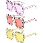 3 Pairs Oversized Rhinestone Sunglasses, Square Unisex Diamonds Glasses, Thick Frame Sparkling Crystal Sunglasses, Bling Festival Glasses Men Women Fancy Dress Costume Accessories Yellow Purple Pink