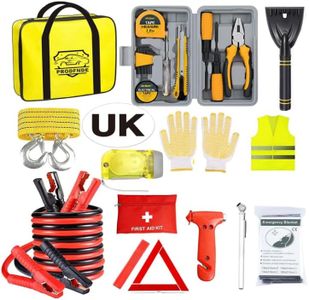 Car Emergency Kit, Roadside Assistance Emergency Kit, Car Breakdown Tool Set with Jumper Cables, Warning Triangle, Visibility Vest, Flashlight etc, Ideal Accessory for Truck, SUV