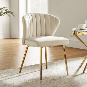 HULALA HOME Velvet Dining Chairs, Modern Small Armless Accent Chair with Gold Metal Legs, Living Room Upholstered Cute Side Chair, Elegant Tufted Back Vanity Chair for Bedroom/Beauty Room-TAN