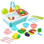 deAO 28pcs Pretend Wash-up Kitchen Sink Play Set Includes Cutting Toys, Kitchenware, Water Faucet & Drain– Great for Kids