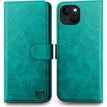 SUANPOT for iPhone 14 Plus 6.7"Genuine Leather Wallet case【RFID Blocking】【4 Credit Card Holder】【Real Leather】Flip Folio Book Phone case Protective Cover Women Men for Apple 14Plus 5G case Blue Green