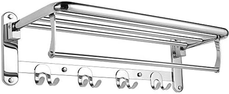 HOONEX Foldable Towel Rack for Bathroom Wall Mounted, 24 Inch Towel Shelf with Towel Hooks and Adjustable Towel Bar, 304 Stainless Towel Holder, Polished Silver