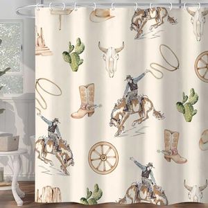 Western Cowboy Shower Curtain, Wild West Cowboy Ride Horse Cactus Bath Curtains, Farmhouse Country American West Theme Bathroom Accessories Decor with Hooks 72 x 72