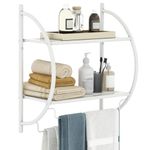 COSTWAY Wall Mounted Towel Rack, 2-Tier Chrome Curved Bathroom Shelf with Hanging Towel Rails, Wall Shelving Unit Towel Holder Floating Storage Shelves for Bathroom, Kitchen and Living Room (White)