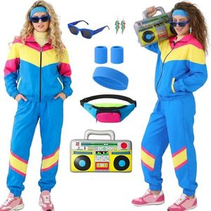 ZhouBoat 8 Piece Women's 80s Tracksuit Windbreaker Set Retro 80s 90s Outfit Color Block Jacket with Fanny Pack Accessories (Blue Colorway,XL)