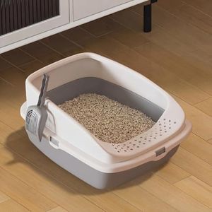 Cat Litter Tray Box, Litter Box, Plastic Cat Open Top Litter Tray with Free Scoop Kitten Detachable Rim Easy Cleaning,49 x 38 x 23cm (Grey)