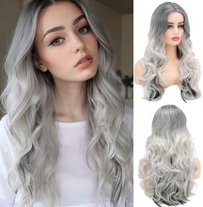Silver Grey Wigs for Women Long Curly Wavy Wig Ombre Gray Hair Layered Wavy Shaggy for Daily Party Halloween